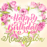 A stunning heart made of pink roses surrounds the elegant script text 'Happy Birthday Kenzington' on a soft beige background. Animated sparkles add a magical and festive feel.