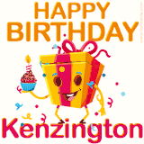 A vibrant and funny gift box character with a happy face dancing with a cupcake and the text 'Happy Birthday Kenzington,' surrounded by animated confetti and party vibes.