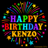 Vibrant animated GIF with 'Happy Birthday Kenzo' in rainbow-colored text, surrounded by colorful stars and fireworks on a black background.