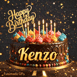 A gourmet chocolate cake on a stand with burning candles and a gold Happy Birthday topper, made for Kenzo.
