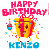 A funny animated birthday GIF with the words 'Happy Birthday Kenzoa', colorful gift box with arms and legs, holding a cupcake with a lit candle  with confetti everywhere.