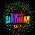 A colorful animated GIF featuring the text 'Happy Birthday Keo!' in rainbow colors with a dynamic iridescent firework display in the background.