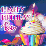 A festive animated GIF featuring a colorful cupcake with a single lit candle, sprinkles, and 'Happy Birthday Keo' text against a sparkling, celebratory background.