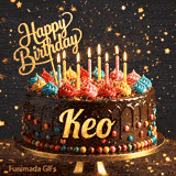 Personalised birthday animation with the name Keo written on a chocolate drip cake with flickering candles.