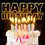 A vibrant animated GIF featuring a delicious birthday cake topped with glowing candles and the name 'Keo' in elegant script, and the words 'Happy Birthday' on the black background.