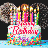 A lively happy birthday animated GIF showcasing a colorful birthday cake covered in sprinkles, topped with glowing candles, and surrounded by vibrant fireworks. The name 'Keo' is featured in elegant script.