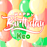 Animated GIF featuring colorful balloons in the background with the cheerful text 'Happy Birthday Keo'.
