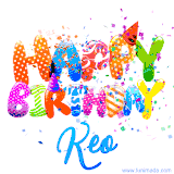 Animated GIF with colorful, festive 'Happy Birthday Keo' text decorated with patterns, a party hat, and falling confetti. A vibrant and cheerful design for birthday celebrations.