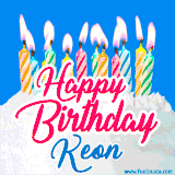 A cheerful animated GIF featuring colorful lit birthday candles on a white cake, with the text 'Happy Birthday Keon' in bold red and blue script on a bright blue background.