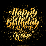 Animated GIF with colorful, festive 'Happy Birthday Keon' text decorated with patterns, a party hat, and falling confetti. A vibrant and cheerful design for birthday celebrations.