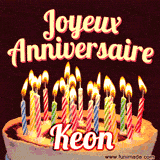 A Happy Birthday GIF in French featuring a festive birthday cake adorned with bright candles and the glowing text 'Joyeux Anniversaire Keon' in a cheerful style.