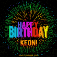 A colorful animated GIF featuring the text 'Happy Birthday Keon!' in rainbow colors with a dynamic iridescent firework display in the background.