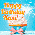 A cheerful animated GIF of a cupcake with creamy frosting, a red checkered ribbon, and a bright sparkler on top. The text 'Happy Birthday Keon!' is displayed in vibrant orange and red.
