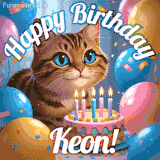 A playful tabby cat sits behind a colorful birthday cake surrounded by balloons and confetti, with 'Happy Birthday Keon!' written above in festive letters.