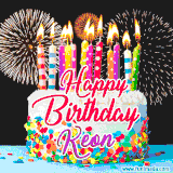 A lively happy birthday animated GIF showcasing a colorful birthday cake covered in sprinkles, topped with glowing candles, and surrounded by vibrant fireworks. The name 'Keon' is featured in elegant script.