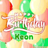 Animated GIF featuring colorful balloons in the background with the cheerful text 'Happy Birthday Keon'.