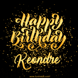 Animated GIF with colorful, festive 'Happy Birthday Keondre' text decorated with patterns, a party hat, and falling confetti. A vibrant and cheerful design for birthday celebrations.