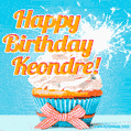 A cheerful animated GIF of a cupcake with creamy frosting, a red checkered ribbon, and a bright sparkler on top. The text 'Happy Birthday Keondre!' is displayed in vibrant orange and red.