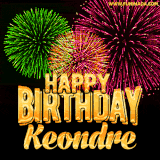 A captivating GIF with bursts of green, pink, and orange fireworks lighting up the night sky, accompanied by 'Happy Birthday Keondre' in glowing golden text.
