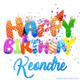 Animated GIF with colorful, festive 'Happy Birthday Keondre' text decorated with patterns, a party hat, and falling confetti. A vibrant and cheerful design for birthday celebrations.