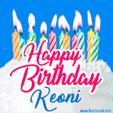 A cheerful animated GIF featuring colorful lit birthday candles on a white cake, with the text 'Happy Birthday Keoni' in bold red and blue script on a bright blue background.