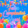 A vibrant animated GIF with 'Feliz Cumpleaños Keoni' written in colorful script, surrounded by balloons, confetti, and bunting on a bright blue background.
