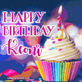 A festive animated GIF featuring a colorful cupcake with a single lit candle, sprinkles, and 'Happy Birthday Keoni' text against a sparkling, celebratory background.