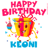 A funny animated birthday GIF with the words 'Happy Birthday Keonia', colorful gift box with arms and legs, holding a cupcake with a lit candle  with confetti everywhere.