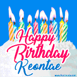 A cheerful animated GIF featuring colorful lit birthday candles on a white cake, with the text 'Happy Birthday Keontae' in bold red and blue script on a bright blue background.