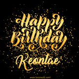 Animated GIF with colorful, festive 'Happy Birthday Keontae' text decorated with patterns, a party hat, and falling confetti. A vibrant and cheerful design for birthday celebrations.