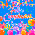 A vibrant animated GIF with 'Feliz Cumpleaños Keontae' written in colorful script, surrounded by balloons, confetti, and bunting on a bright blue background.