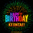A colorful animated GIF featuring the text 'Happy Birthday Keontae!' in rainbow colors with a dynamic iridescent firework display in the background.