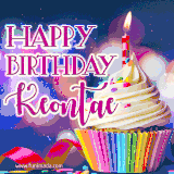 A festive animated GIF featuring a colorful cupcake with a single lit candle, sprinkles, and 'Happy Birthday Keontae' text against a sparkling, celebratory background.