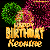 A captivating GIF with bursts of green, pink, and orange fireworks lighting up the night sky, accompanied by 'Happy Birthday Keontae' in glowing golden text.