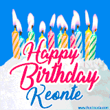 A cheerful animated GIF featuring colorful lit birthday candles on a white cake, with the text 'Happy Birthday Keonte' in bold red and blue script on a bright blue background.
