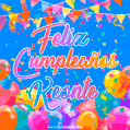 A vibrant animated GIF with 'Feliz Cumpleaños Keonte' written in colorful script, surrounded by balloons, confetti, and bunting on a bright blue background.
