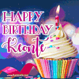 A festive animated GIF featuring a colorful cupcake with a single lit candle, sprinkles, and 'Happy Birthday Keonte' text against a sparkling, celebratory background.