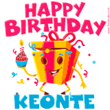 A funny animated birthday GIF with the words 'Happy Birthday Keontea', colorful gift box with arms and legs, holding a cupcake with a lit candle  with confetti everywhere.