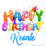 Animated GIF with colorful, festive 'Happy Birthday Keonte' text decorated with patterns, a party hat, and falling confetti. A vibrant and cheerful design for birthday celebrations.