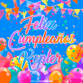 A vibrant animated GIF with 'Feliz Cumpleaños Kepler' written in colorful script, surrounded by balloons, confetti, and bunting on a bright blue background.