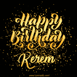 Animated GIF with colorful, festive 'Happy Birthday Kerem' text decorated with patterns, a party hat, and falling confetti. A vibrant and cheerful design for birthday celebrations.