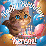 A playful tabby cat sits behind a colorful birthday cake surrounded by balloons and confetti, with 'Happy Birthday Kerem!' written above in festive letters.