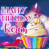 A festive animated GIF featuring a colorful cupcake with a single lit candle, sprinkles, and 'Happy Birthday Kerem' text against a sparkling, celebratory background.
