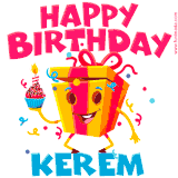 A funny animated birthday GIF with the words 'Happy Birthday Kerema', colorful gift box with arms and legs, holding a cupcake with a lit candle  with confetti everywhere.