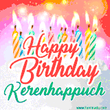 Bright birthday candles with rainbow flames on a cake, alongside the text 'Happy Birthday Kerenhappuch' in vibrant script in this celebratory animated GIF.