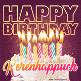 A colorful birthday cake topped with lit candles, with the words 'Happy Birthday Kerenhappuch' in bold glowing letters on a burgundy background. Animated flames add a festive touch.