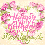 A stunning heart made of pink roses surrounds the elegant script text 'Happy Birthday Kerenhappuch' on a soft beige background. Animated sparkles add a magical and festive feel.
