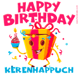 A vibrant and funny gift box character with a happy face dancing with a cupcake and the text 'Happy Birthday Kerenhappuch,' surrounded by animated confetti and party vibes.