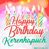 Bright birthday candles with rainbow flames on a cake, alongside the text 'Happy Birthday Kerenhapuch' in vibrant script in this celebratory animated GIF.
