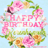 A charming animated GIF featuring 'Happy Birthday Kerenhapuch' in pink and green text, surrounded by delicate roses, leaves, and fluttering butterflies on a soft light blue pastel background.